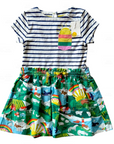 Mini Boden Girls Dress – Short-Sleeve Hotchpotch, Flared Skirt & Breton Stripes Multi Coastal Farm