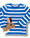 Side view of boys striped t-shirt with cute rabbit patch