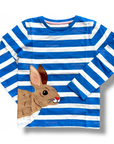 Mini Boden Boys Big Appliqué Striped T-shirt in Moroccan Blue with rabbit design