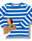 Mini Boden Boys Big Appliqué Striped T-shirt in Moroccan Blue with rabbit design