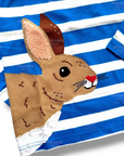 Close-up of fluffy bunny appliqué on striped boys t-shirt