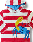 Mini Boden Kids' Striped Hooded Long Sleeve Cover-Up with Crab Appliqué - Bright Red & White