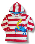 Mini Boden Kids' Striped Hooded Long Sleeve Cover-Up with Crab Appliqué - Bright Red & White