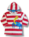 Mini Boden Kids' Striped Hooded Long Sleeve Cover-Up with Crab Appliqué - Bright Red & White