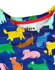 Mini Boden Girls Long Sleeve Dog Print Jersey Dress – Navy & Rainbow