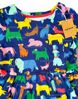 Mini Boden Girls Long Sleeve Dog Print Jersey Dress – Navy & Rainbow