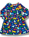 Mini Boden Girls Long Sleeve Dog Print Jersey Dress – Navy & Rainbow