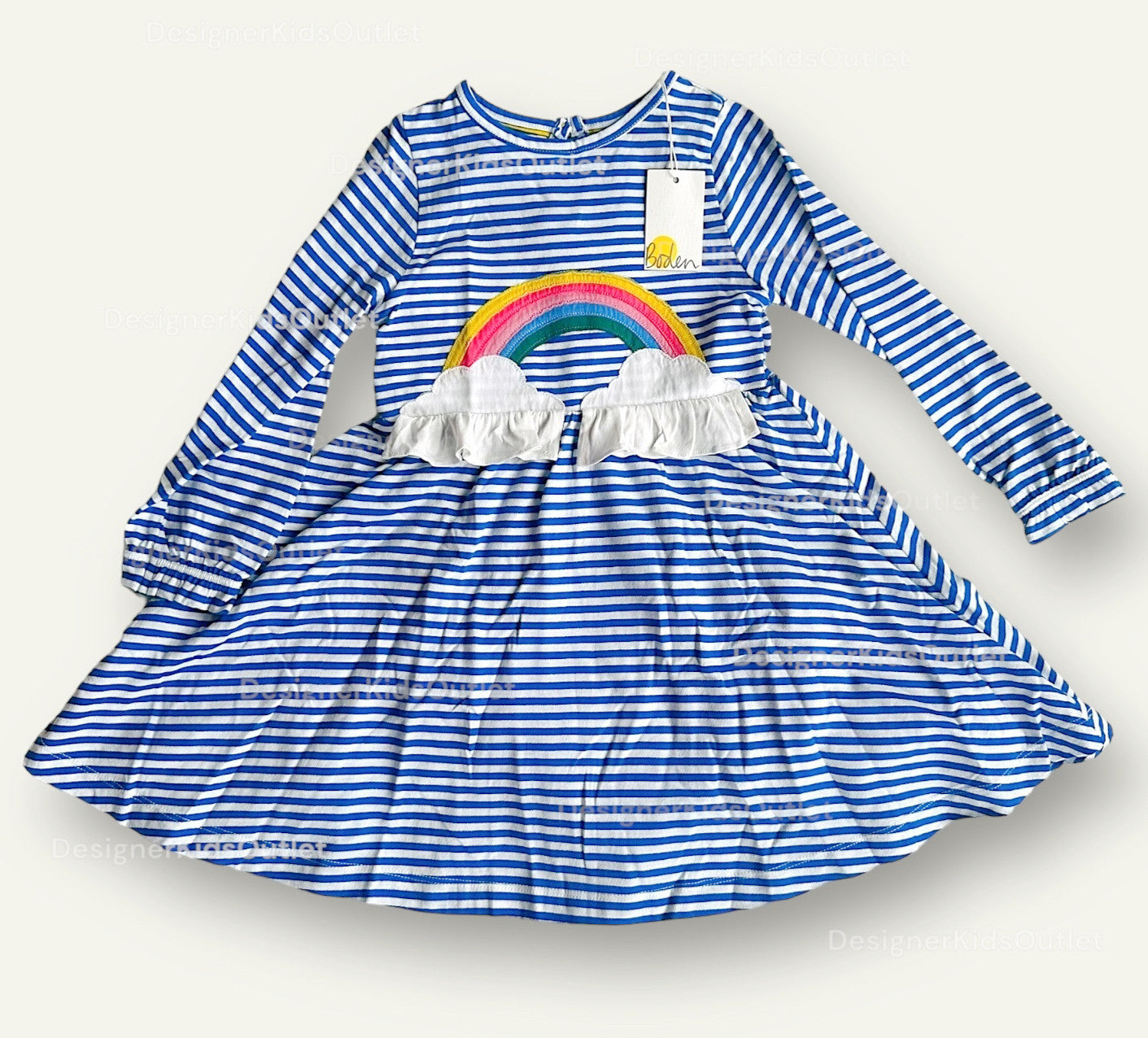 Mini Boden Girls Twirly Blue Striped Long-Sleeved Dress with Rainbow and Clouds Appliqu Designer Kids Outlet Mini Boden Girls Twirly Blue Striped Long-Sleeved Dress with Rainbow and Clouds Appliqu Designer Kids Outlet