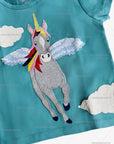 Mini Boden Front & Back Appliqué T-shirt Green Teal Flying Unicorn Girls
