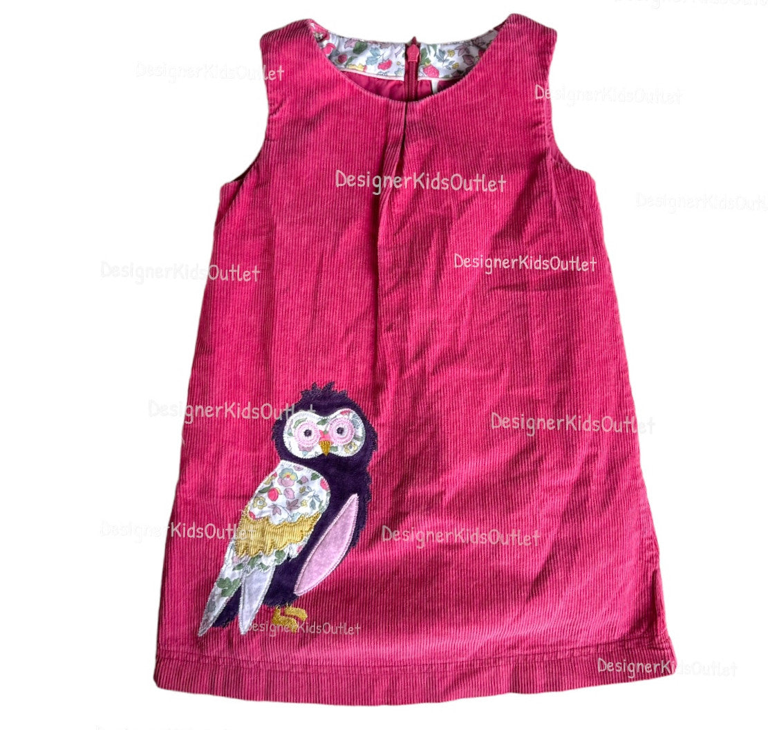 Pre-Loved Mini Boden Owl Corduroy Dress Pink Pinafore  Designer Kids Outlet