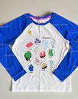 NWT Mini Boden Boys Long Sleeve Printed Raglan Top Brilliant Blue Gem Stones