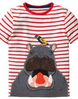 Mini Boden Boys Big Animal Hippo Front And Back Appliqué T-shirt Red Stripes