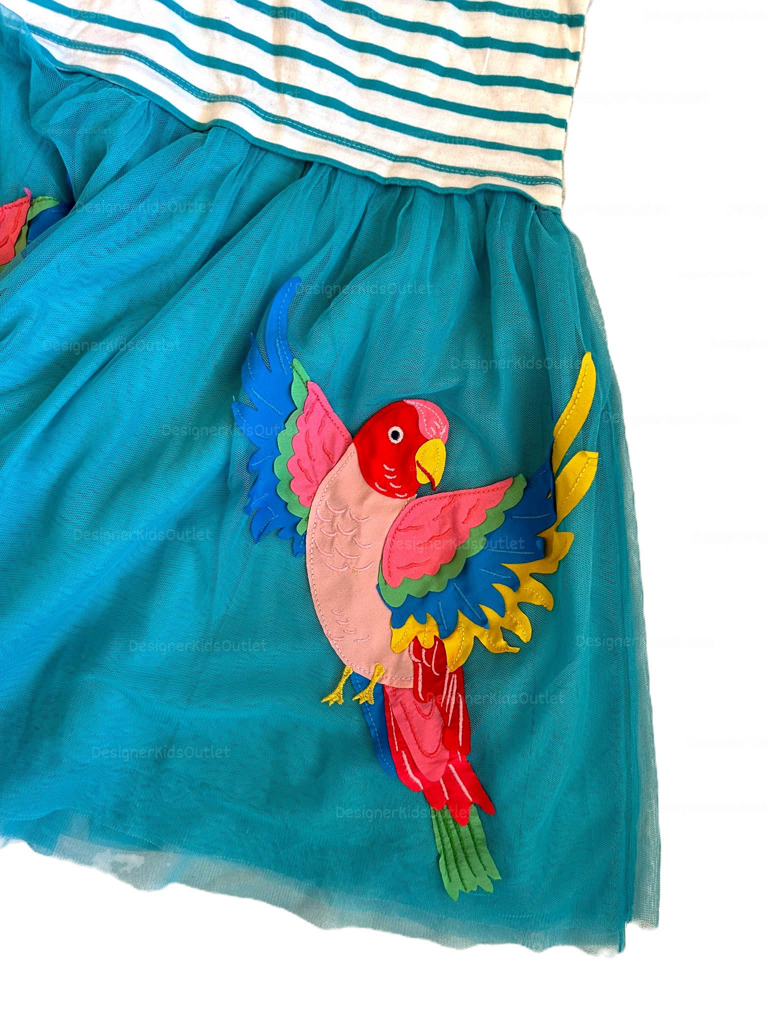 Mini Boden Girls Striped Tropical Parrot Appliqué Cotton Dress