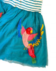Mini Boden Girls Striped Tropical Parrot Appliqué Cotton Dress