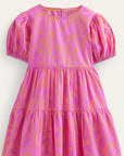 Mini Boden Tiered Printed Woven Dress Peach Punch Summer Stencil Pink