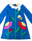 Mini Boden Girls Blue Daisy Flower Bee Appliqué Dress With Pockets