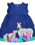 Mini Boden Girls Starboard Blue Multi Color Zebra Appliqué Frill Sleeve Dress