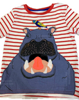 Mini Boden Boys Big Animal Hippo Front And Back Appliqué T-shirt Red Stripes