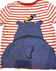 Mini Boden Boys Big Animal Hippo Front And Back Appliqué T-shirt Red Stripes
