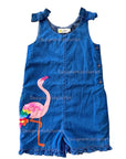Mini Boden Girls Tie Shoulder Frill Playsuit Chambray Flamingo Jumper Overall