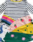 Mini Boden Girls Horse Scene Jersey Dress – Flowers & Rainbow Stripe