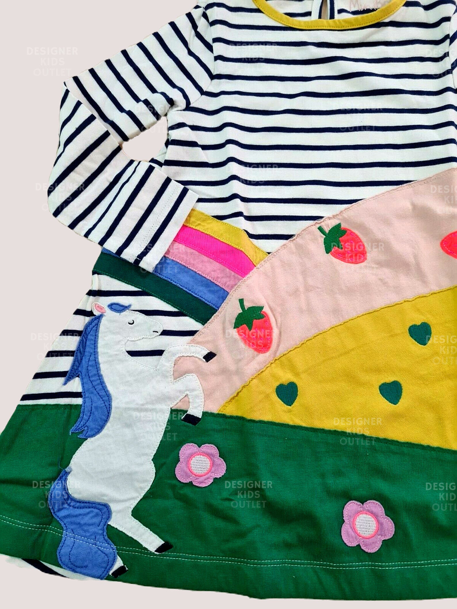 Mini Boden Girls Horse Scene Jersey Dress Flowers & Rainbow Stripe Mini Boden Girls Horse Scene Jersey Dress Flowers & Rainbow Stripe