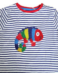 Mini Boden Boys Striped T-Shirt with Colorful Crochet Chameleon Iguana Appliqué