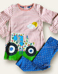 Mini Boden Girls Appliqué Tractor Bunny Farm Dress Set Elizabethan Blue Pink