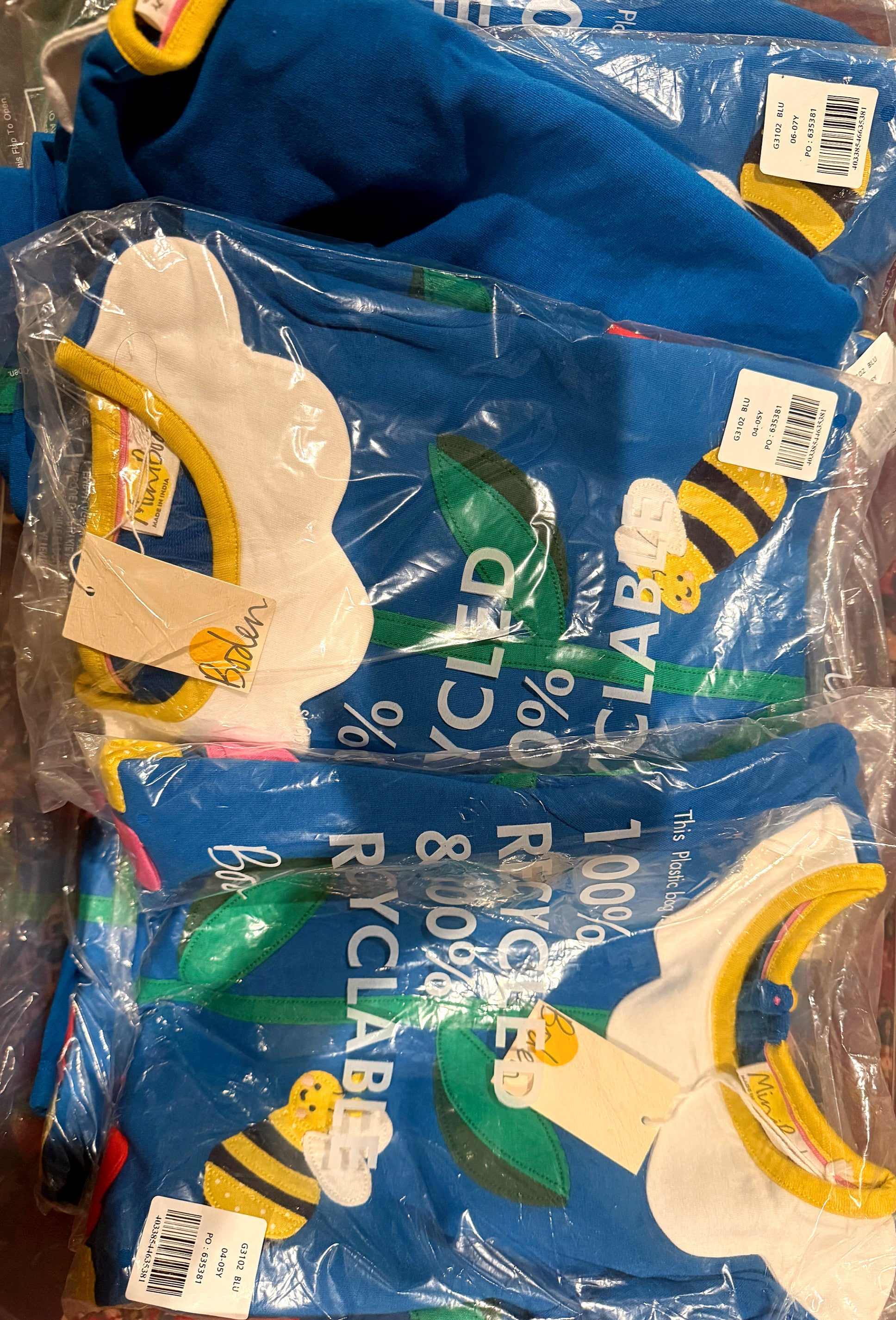 Mini Boden Girls Blue Daisy Flower Bee Appliqué Dress With Pockets