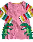 Mini Boden Girls' Pink Dino Tunic with Stripe Sleeves Dress