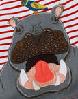 Mini Boden Boys Big Animal Hippo Front And Back Appliqué T-shirt Red Stripes