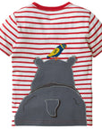 Mini Boden Boys Big Animal Hippo Front And Back Appliqué T-shirt Red Stripes