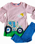 Mini Boden Girls Appliqué Tractor Bunny Farm Dress Set Elizabethan Blue Pink