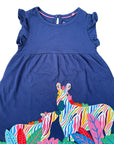 Mini Boden Girls Starboard Blue Multi Color Zebra Appliqué Frill Sleeve Dress