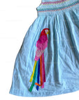 Pre-Loved Mini Boden Fun Appliqué Sun Dress Aqua Blue Ticking Parrot