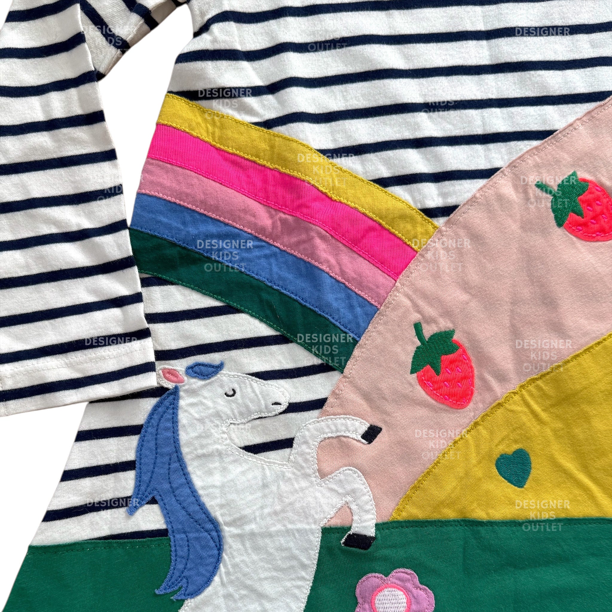 Mini Boden Girls Horse Scene Jersey Dress – Flowers & Rainbow Stripe