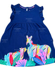 Mini Boden Girls Starboard Blue Multi Color Zebra Appliqué Frill Sleeve Dress