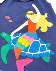 Mini Boden Girls Appliqué Mermaid Tank Dress With Ruffles & Navy Sea Turtles