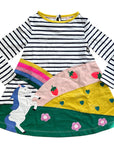 Mini Boden Girls Horse Scene Jersey Dress – Flowers & Rainbow Stripe