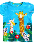 Mini Boden Girls Safari Appliqué T-Shirt in Aqua Blue Giraffe