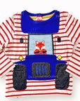 Mini Boden Baby Boy Fox Riding Tractor Vehicle Appliqué Long Sleeve T-Shirt - Red & White Stripes