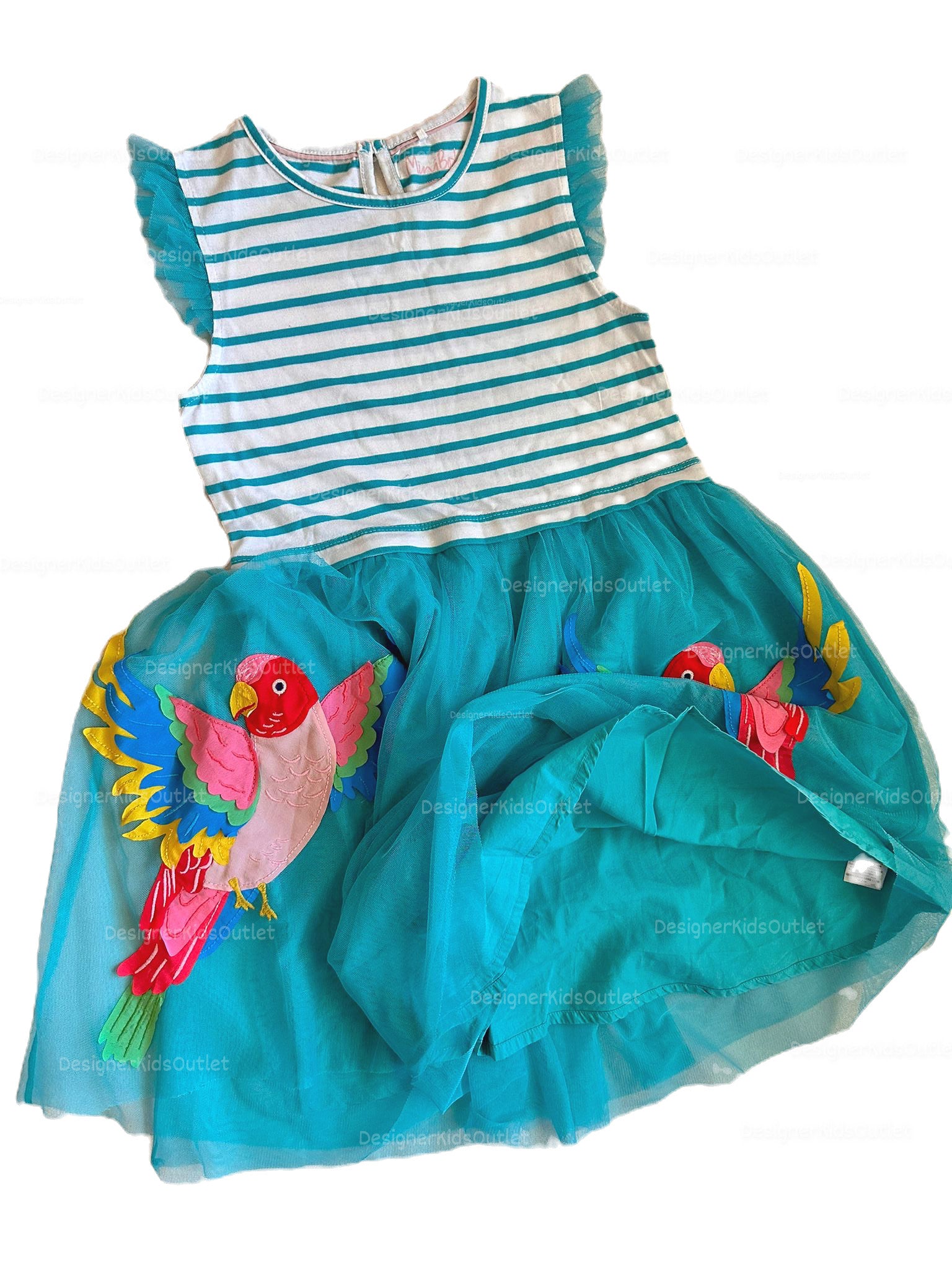 mini boden ruffle dress Mini Boden Girls Striped Tropical Parrot Appliqué Cotton Dress – Designer  Kids Outlet