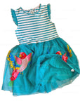 Mini Boden Girls Striped Tropical Parrot Appliqué Cotton Dress