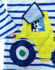 Baby Boden Boys Blue Striped Construction Digger Appliqué Lift-the-Flap Shirt – Blue, Yellow, & Ivory
