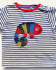 Mini Boden Boys Striped T-Shirt with Colorful Crochet Chameleon Iguana Appliqué