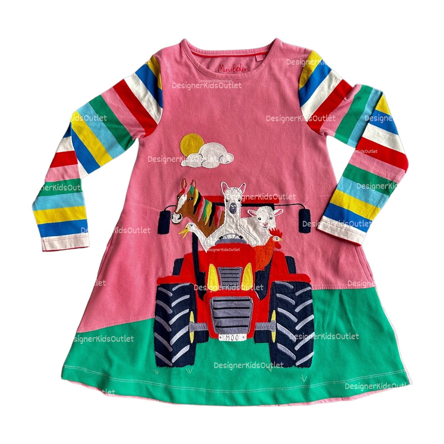 Girls Farm Dress Tractor Appliqu | Pink Long Sleeve Dress | Mini Boden Designer Kids Outlet Girls Farm Dress Tractor Appliqu | Pink Long Sleeve Dress | Mini Boden Designer Kids Outlet