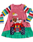 Mini Boden Girls Appliqué Dress Bright Petal Pink Farm Animals On Tractor