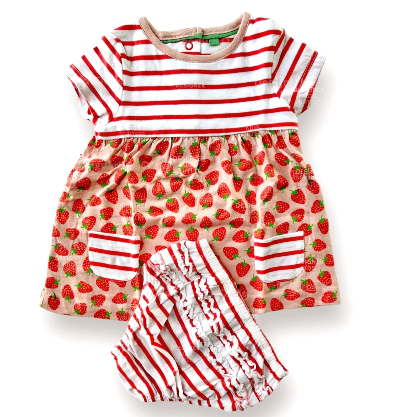 Mini Boden Baby Girls Strawberry Hotchpotch Dress & Knickers Set in Peach Melba Mini Boden Baby Girls Strawberry Hotchpotch Dress & Knickers Set in Peach Melba