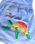 Baby Boden Girls Turtle Appliqué Cotton Top – Blue Ivory Polkadot