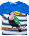 Mini Boden Tropical Toucan Striped Appliqué T-Shirt – Blue & White